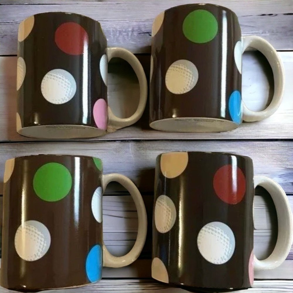 Set of 4 Golf Ball Theme Coffee Mugs By JGH for Golfsmith, Golfer Gift Boxed